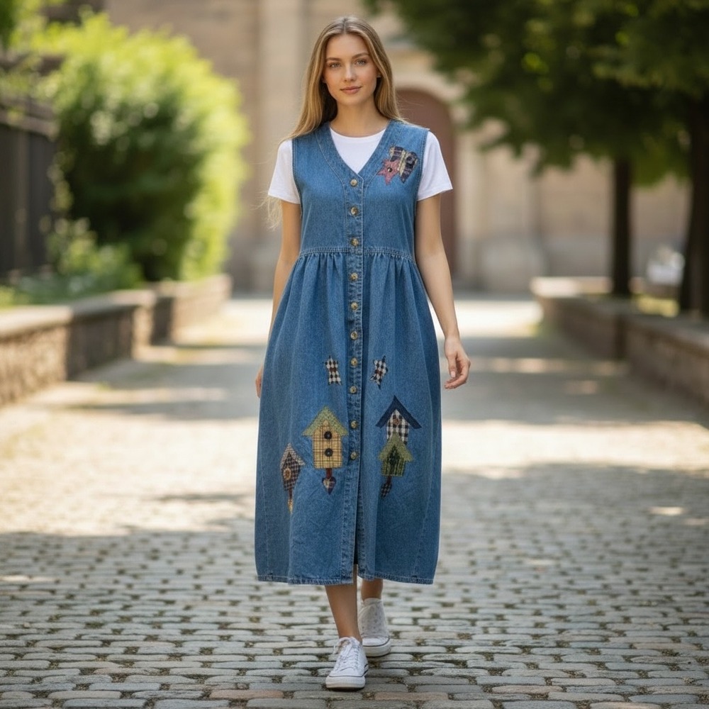 Vintage Denim Jumper Midi Dress M Teacher Birdhouse Patchwork Cottagecore Rustic